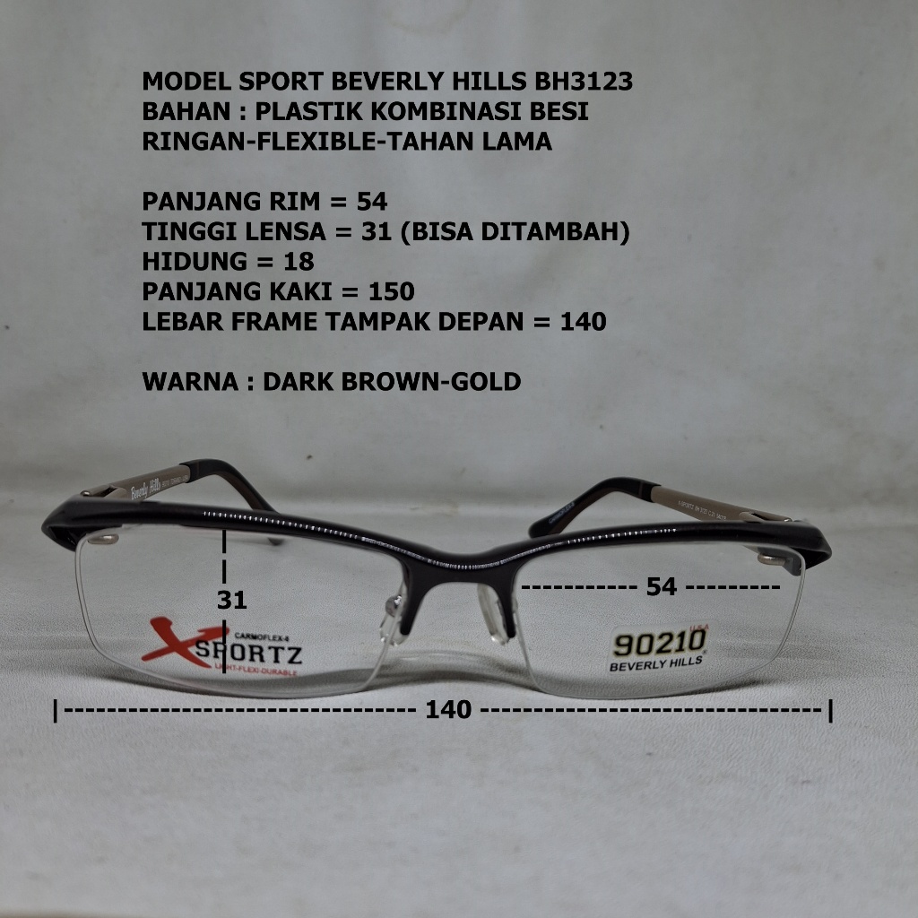 FRAME KACAMATA BEVERLY HILLS SPORT BH3123 HALF RIM CEWEK COWOK MUKA SEDANG BESAR PLASTIK BESI