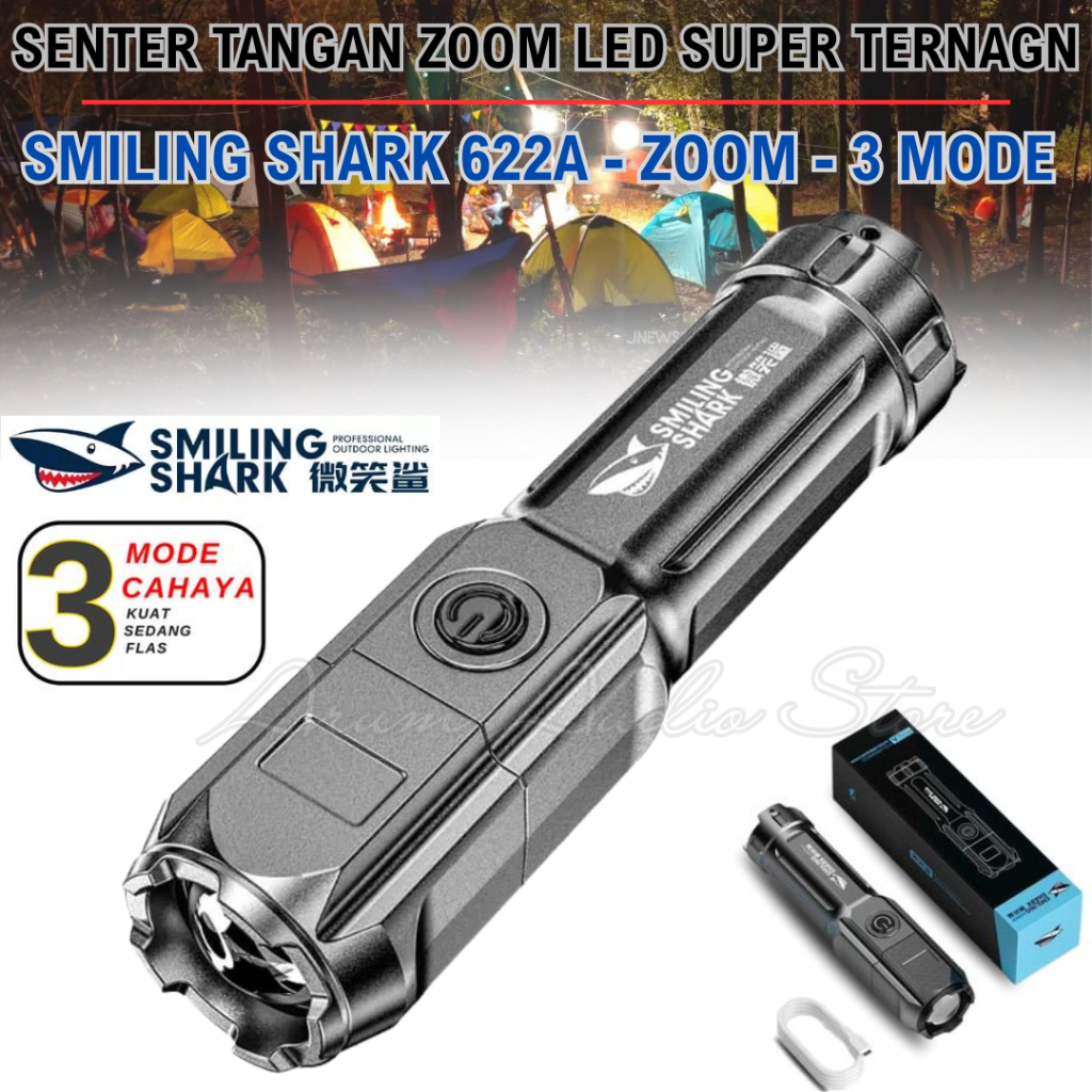 Smiling Shark 622a - Senter Mini Portabel Outdoor - Bisa Di-Zoom 500m Senter Led Mini Smiling Shark 