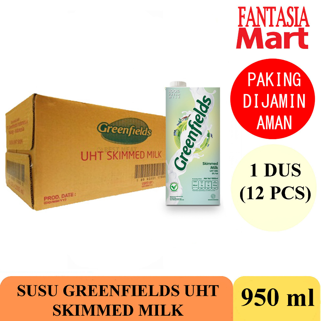 

SUSU GREENFIELDS UHT SKIMMED MILK 950 ML DUS ISI 12 PCS FANTASIA DENGAN PAKING AMAN