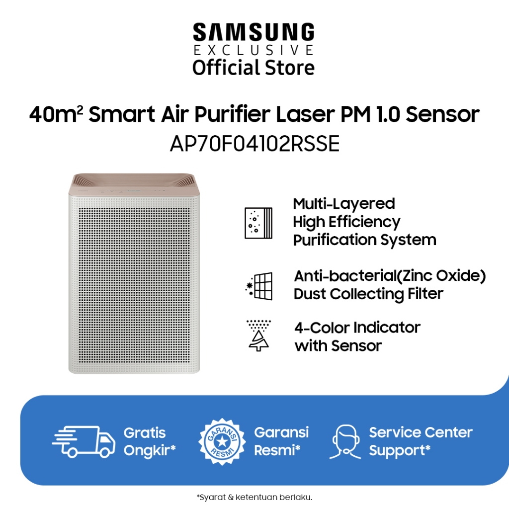 Samsung Smart Air Purifier 40m2 - Laser PM 1.0 Sensor | Easy Filter | Slim Design | AP70F04102RSSE