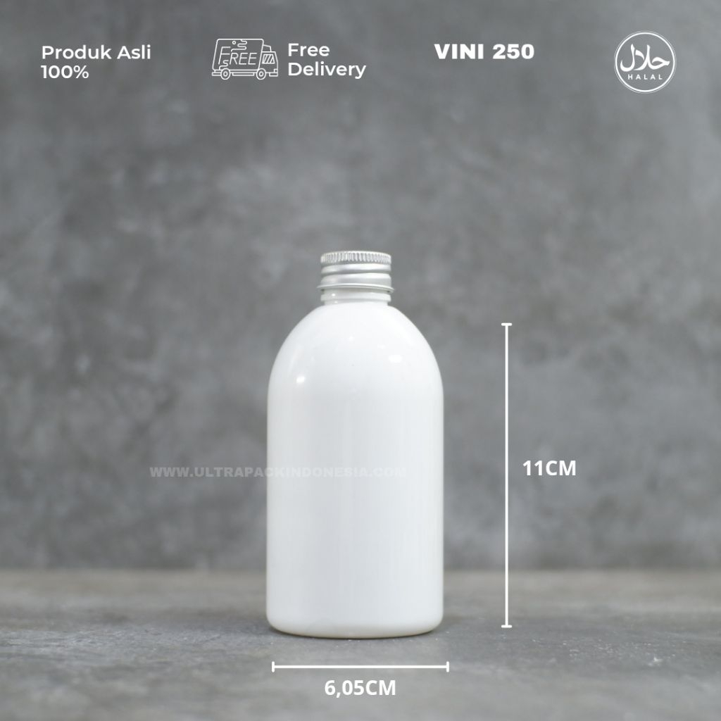 KEMASAN MINUMAN BOTOL FOOD GRADE - PET VINI 250ML PUTIH + TUTUP ULIR ALUMINIUM