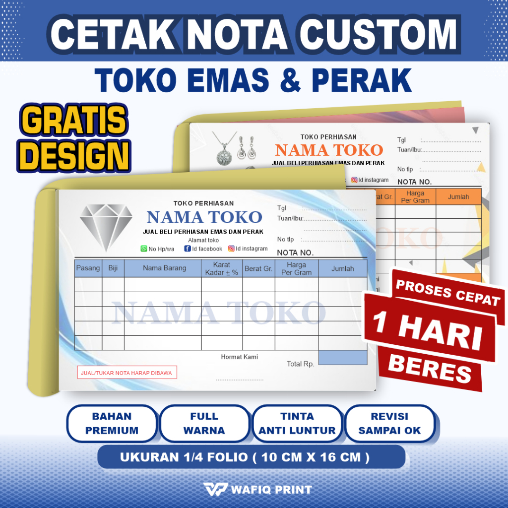 

Nota emas custom full warna gratis design ukuran 1/4 folio 1 ply 2 ply nama toko sendiri kwitansi