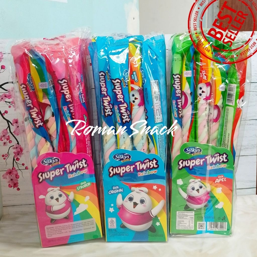 

Silkys SIUPER TWIST RAINBOW Marshmellow Rainbow rasa buah Exp 2026 1 Pack isi 20 pcs @12 gram ( JUMBO)