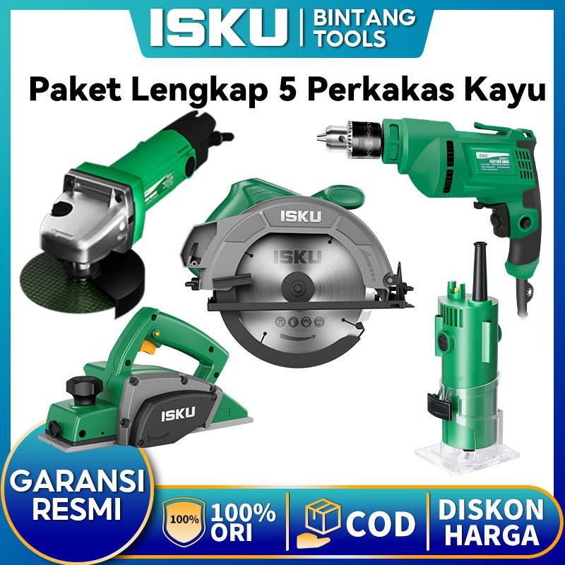 ISKU Paket 5 in 1 Perkakas Listrik Tukang Kayu - Gergaji Circular -Ketam Listrik - Gerinda - Bor Tan