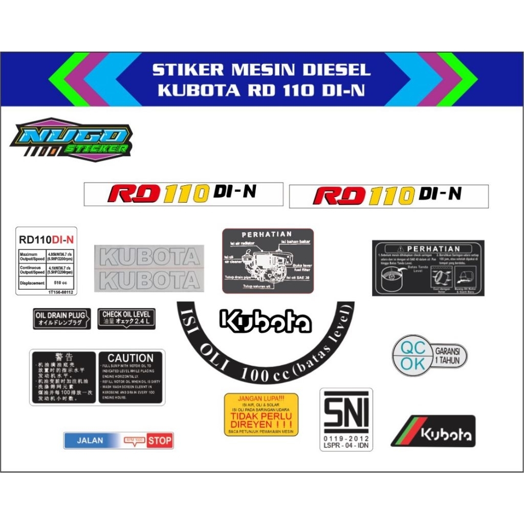 stiker mesin diesel kubota RD 110 Di-N