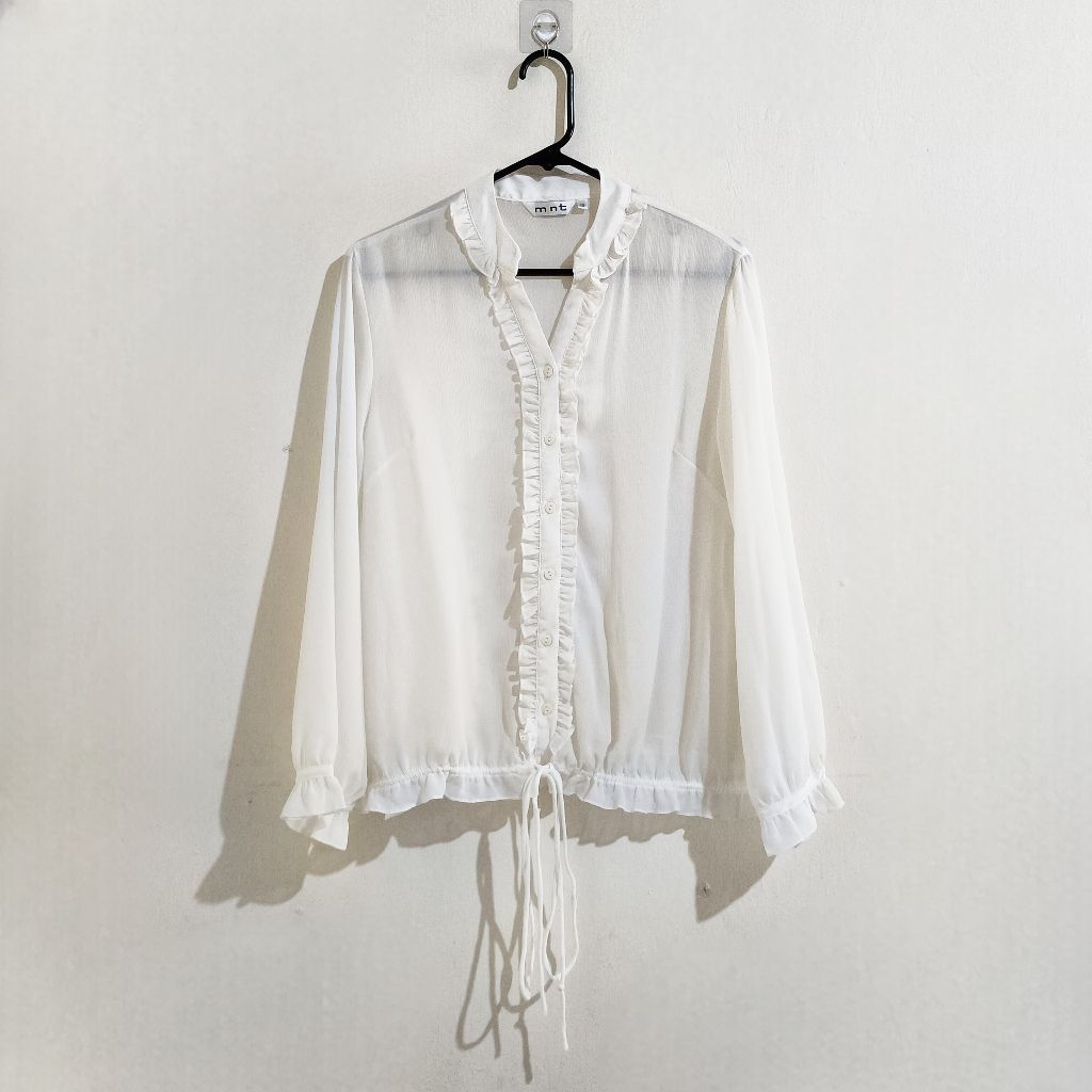 Kemeja Blouse Kerja Wanita Lengan Panjang Warna Putih Nerawang Transparan Kancing Depan