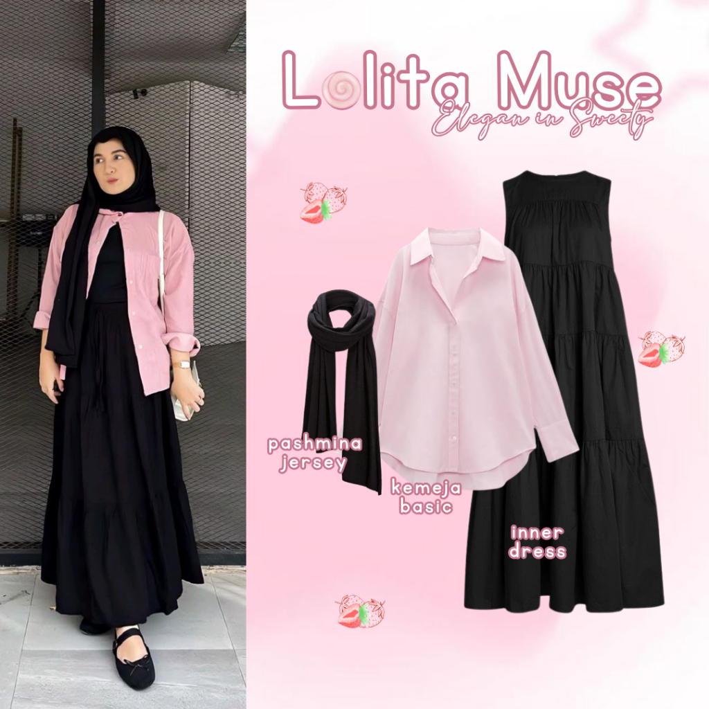 Setelan Wanita - Kemeja Pink + Inner Dress Hitam + Hijab Pashmina | Outfit Remaja Kekinian BB118