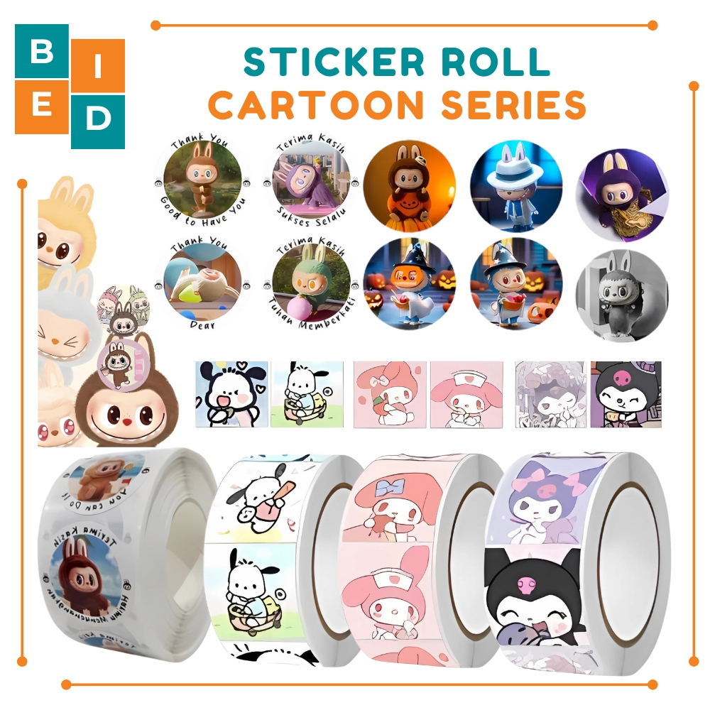 

500 Pcs Sticker Roll Labubu Cartoon 2,5cm Stiker Sanrio Kuromi Capybara Kartun SS001 | Bied.id
