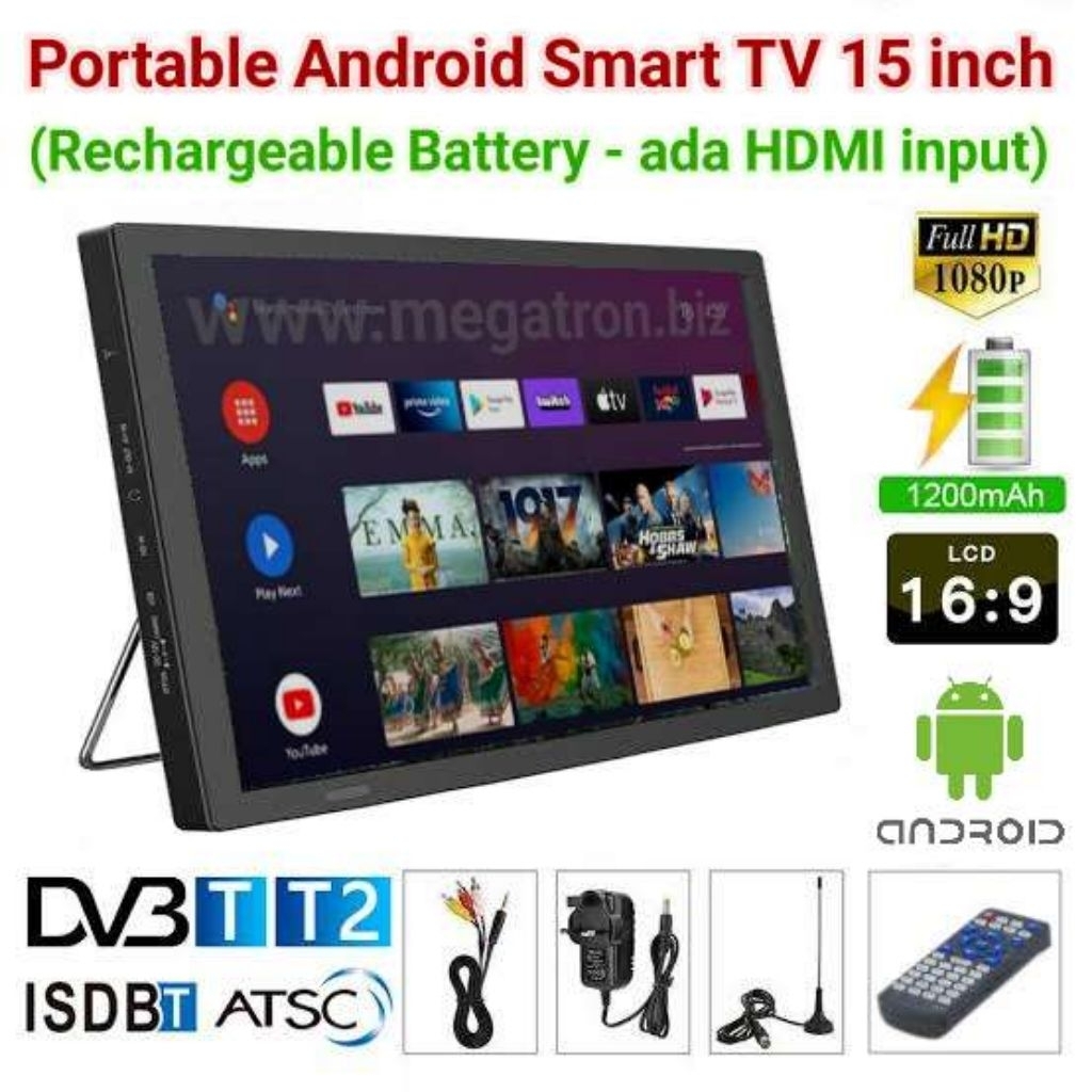 Portable Smart TV Android 15 inch (Digital DVB-T2) - HDMI input - Bisa YouTube Netflix dll
