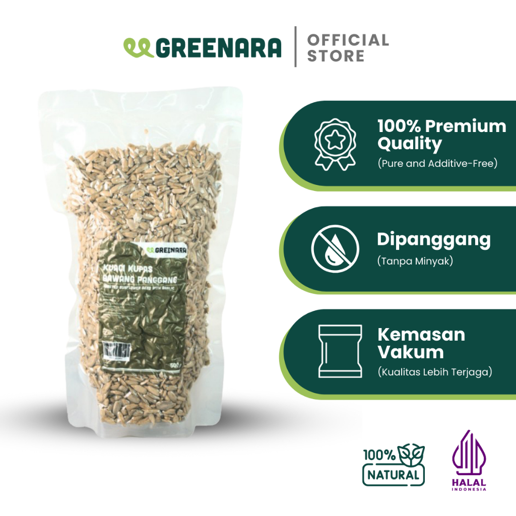 

Greenara - Kuaci Kupas Bawang Panggang 500gr / Roasted Sunflower Seed with Garlic 500 gram