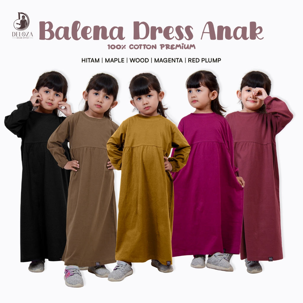 Balena Dress Anak Perempuan Gamis Tunik Polos Kaos Cotton Premium Bahan Katun Usia 5-12 Tahun