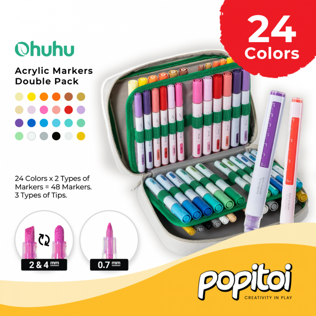 

OHUHU 48 Pcs Acrylic Paint Pens Double Pack (24x2 Colors) (Fine & Reversible + Chisel & Round) Spidol Akrilik