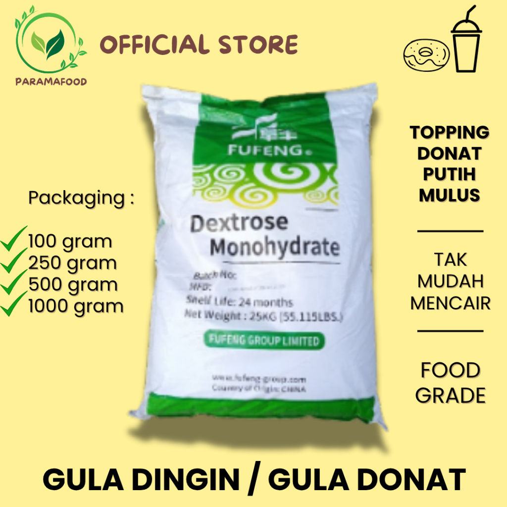 

Gula Dingin Gula Donat Dextrose Monohydrate Repacked 1 kg 500 gram 250 gram 100 gram