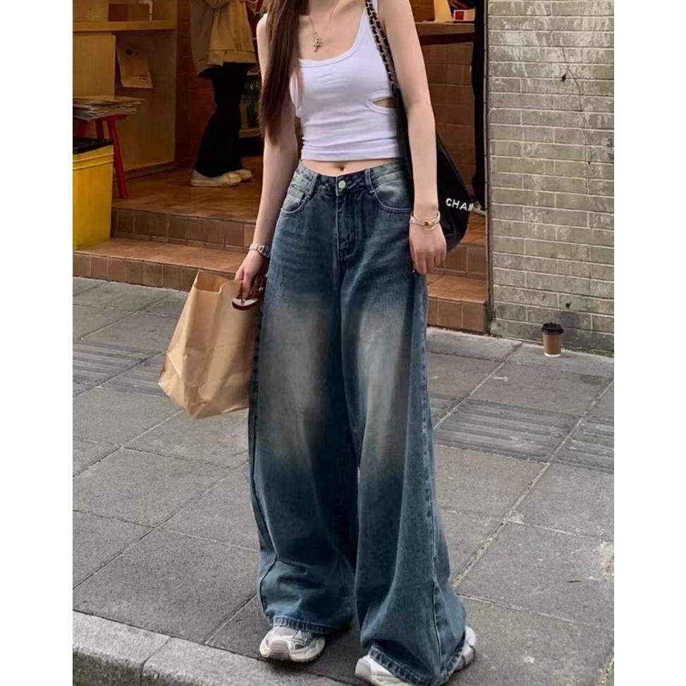 KODE S49W Celana Jeans Wanita Lulu Jeans Model Boyfriend Panjang High Waist Warna Biru Retro  loosed