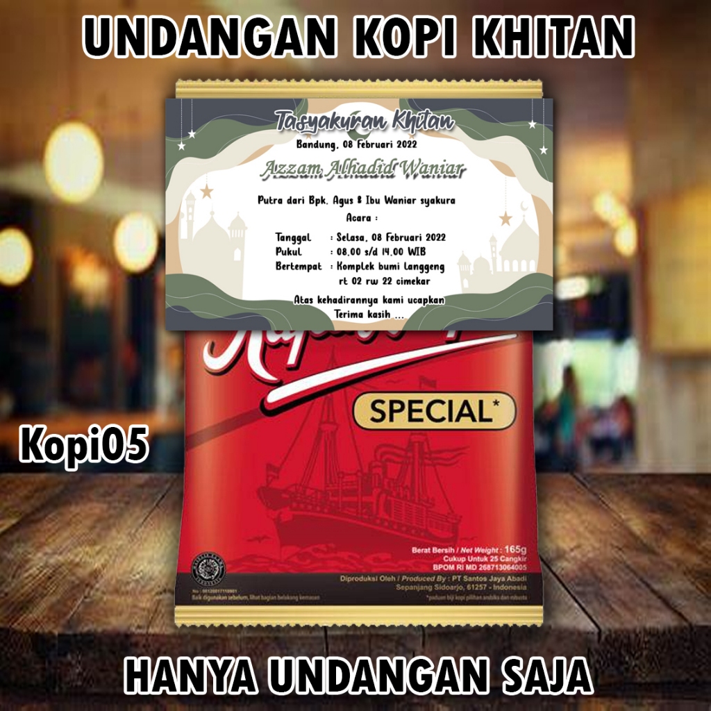 Undangan mini kopi 05 khitanan pernikahan ukuran 7.5 x 9 Cm bahan Karton BC