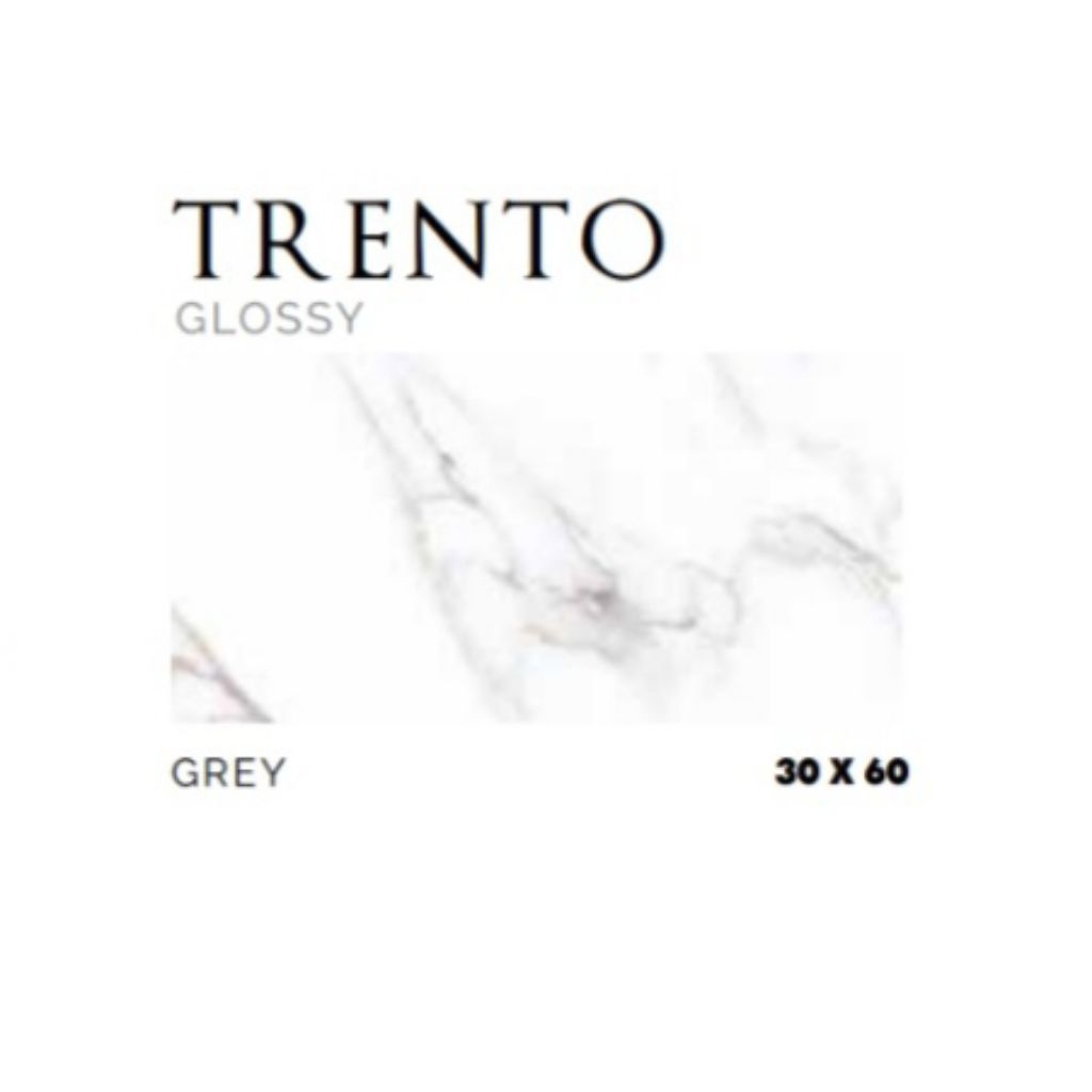 KERAMIK MERK TRENTO GREY RECTIFIED CUTTING UKURAN 30X60 WARNA LATAR PUTIH CORAK MOTIF ABU PERMUKAAN 