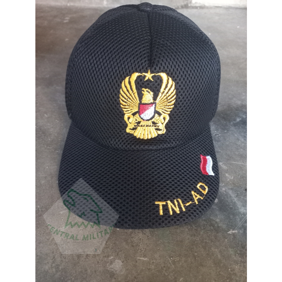 Topi TNI-AD Hitam Topi Pria Lapangan Dobelmesh / Jaring Logo Bordir Hitam Tni AD