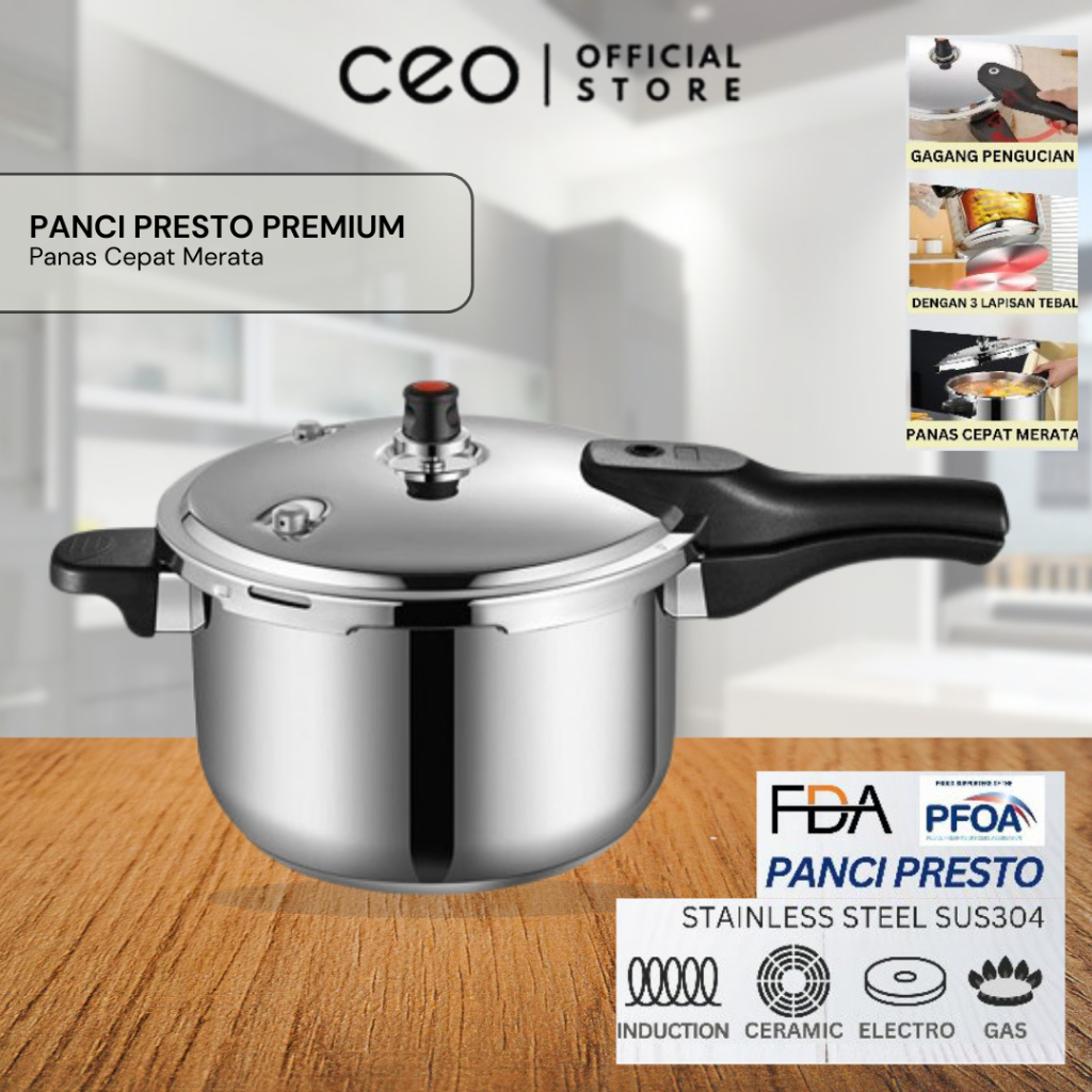 Panci Presto Stainless Steel 304 CEO – Super Tebal Premium 4L 8L 12L | Pressure Cooker Anti Karat