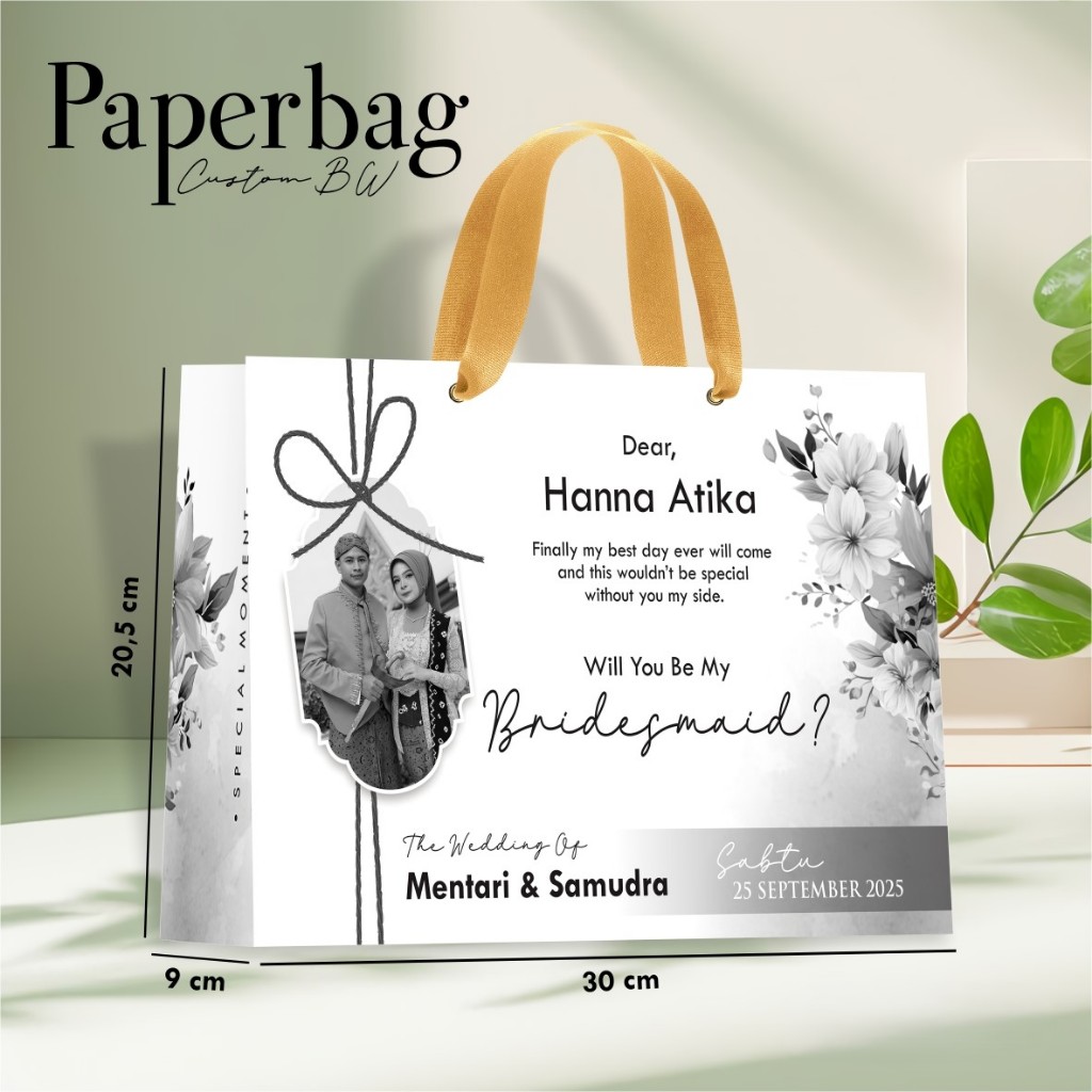

TAS BRIDESMAID CUSTOM WAJAH HITAM PUTIH – PAPER BAG WEDDING BW ELEGAN – PAPERBAG AESTHETIC – BBC BW