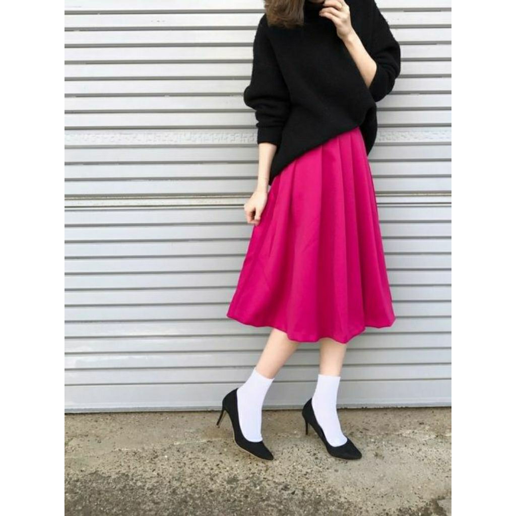 (NEW WITH TAG) GU UNIQLO MIDI FLARE SKIRT MAGENTA PINK A LINE ROK HIGHWAIST KOREA ORIGINAL JAPAN
