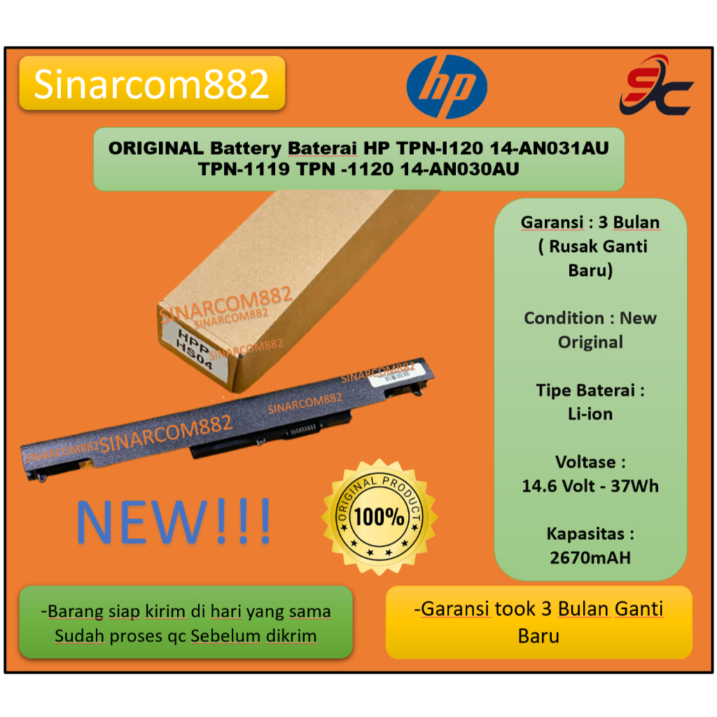 ORIGINAL Battery Baterai HP TPN-I120 14-AN031AU TPN-1119 TPN -1120 14-AN030AU