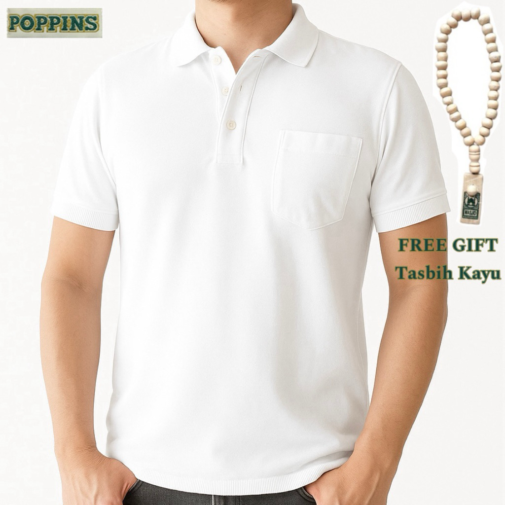 [POPPINS] Tangan pendek kantong polo t-shirt kaos krah kerah wangki polos putih