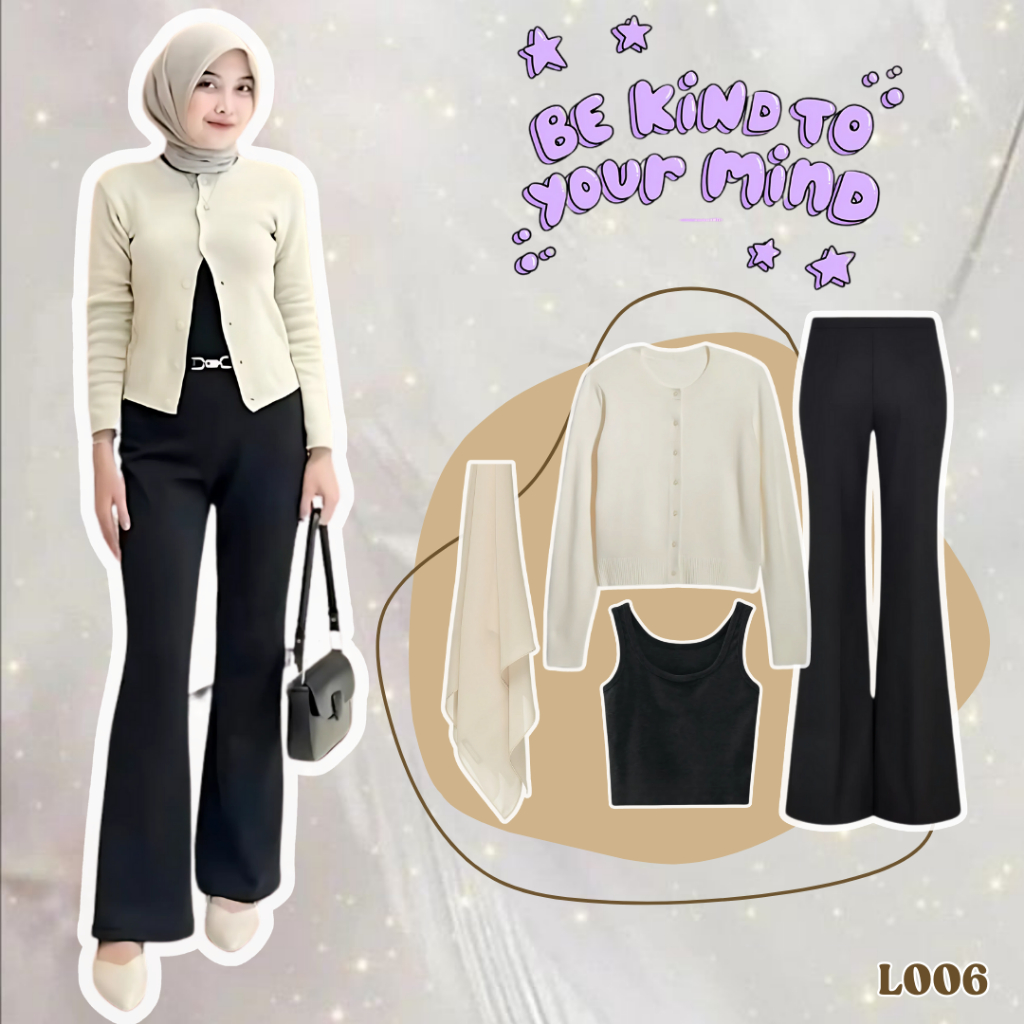 One Set OOTD Hijab Korean Style ( Cardigan - Tanktop - Celana - Jilbab ) Setelan Wanita Kekinian