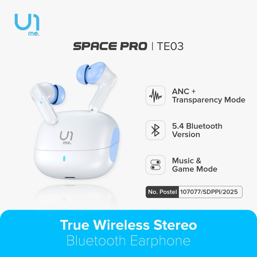 U1me. Space Pro TWS Earphone Bluetooth 5.4 ANC Mode, Transparency Mode, Music Mode, Gaming Mode Earb