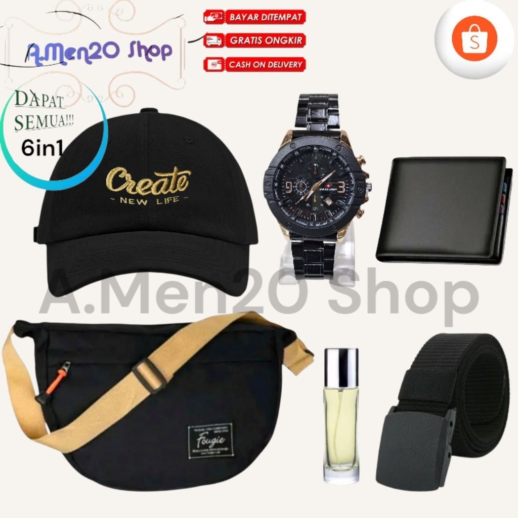 Paket Bundling Jumbo 6 in 1 Jam Tangan Rantai Analog Tas Design keren Topi Distro Baseball Dompet Li