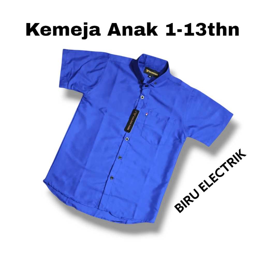 Kemeja Anak Biru Elektrik Lengan Pendek Usia 1-13thn Outfit Pakaian Kemeja Anak Laki Laki