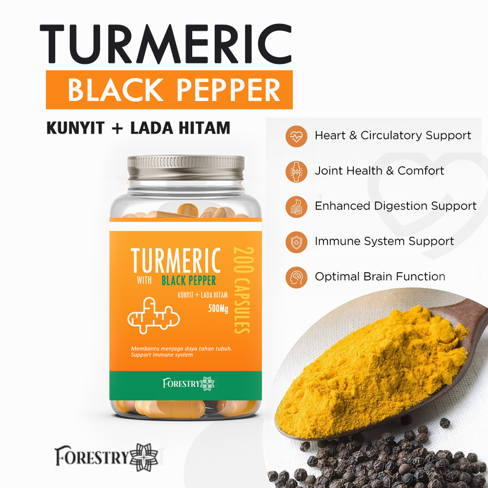 Forestry Turmeric Black Pepper 200 Capsules Kapsul Kunyit Kunyit Lada Hitam