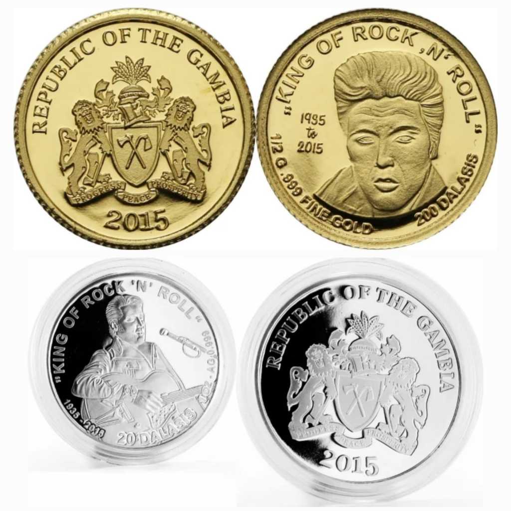 Koin Emas dan Perak Gambia Elvis Presley King of Rock Singer (SET)
