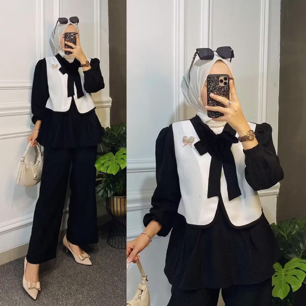 Setcelan Tunik Fashion Remeja Setelan Wanita Wanset Cringkle Pakaian Cewe Dewasa Oneset Kekinian Ste