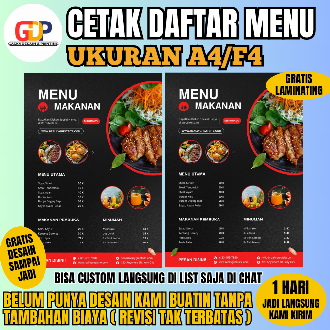 

Jasa Cetak Menu Makanan/Minuman A4 isi 3 lembar – Full Color + Free Laminating