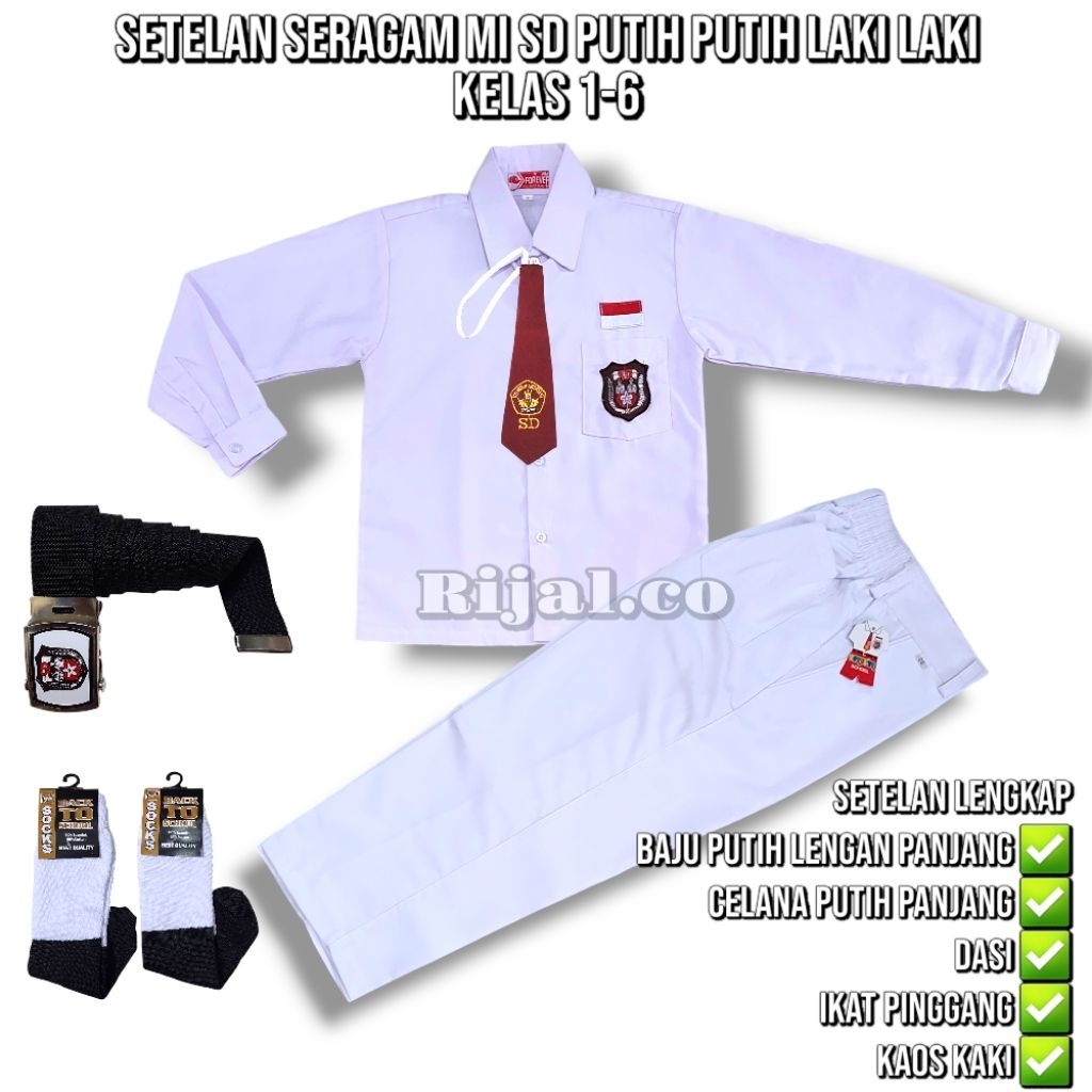 setelan seragam putih putih sekolah SD anak laki laki baju lengan panjang celana panjang