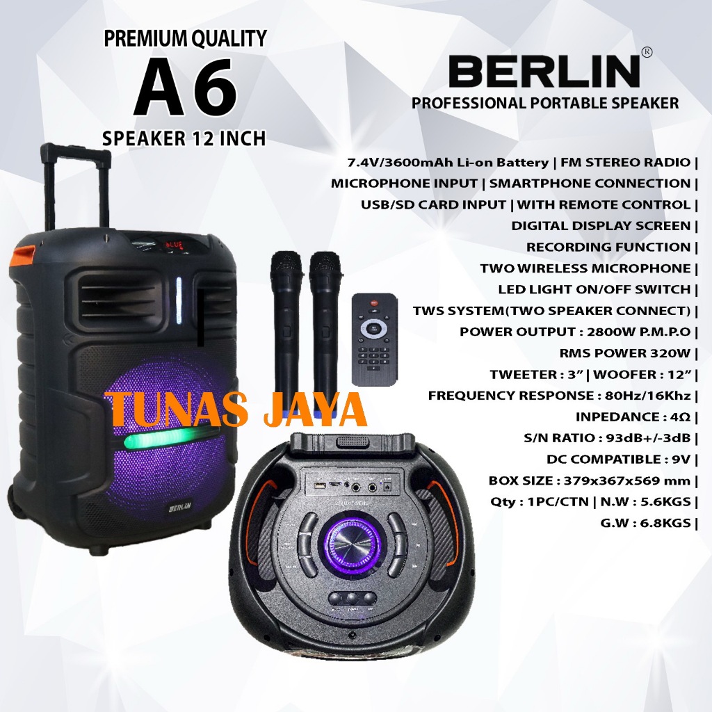 Speaker Portable Wireless Berlin A6 / BERLIN A 6 / A-6 Original 12 inch Bluetooth