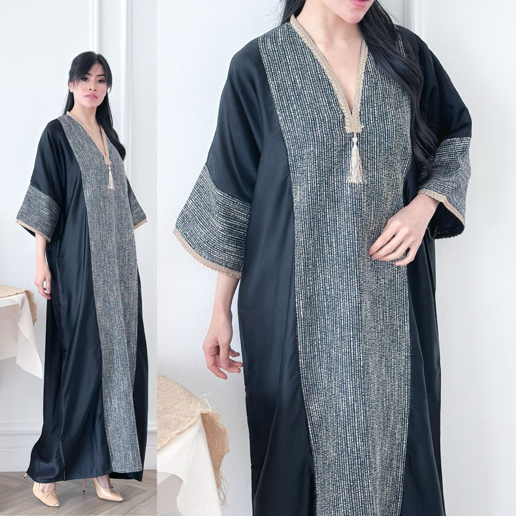 Aletha Abaya Satin Hitam | Kaftan Abaya Dress Satin Lebaran Mewah Terbaru