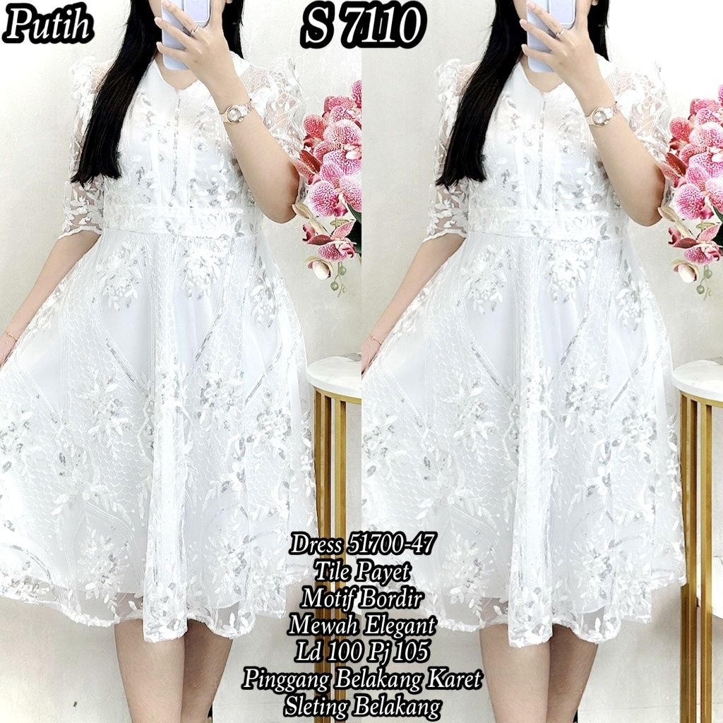 Dress tile payet bordir putih 7110