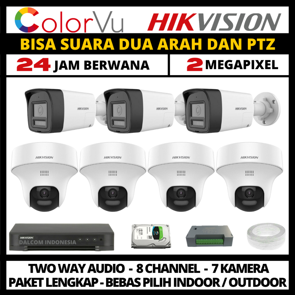 Paket cctv hikvision colorvu 2mp 8 channel 7 kamera two way audio paket cctv lengkap