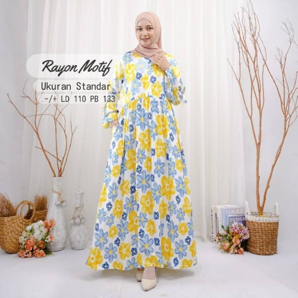 Gamis Rayon Premium Motif Size Standar LD 110/ Gamis Motif Bahan Rayon Premium LD 110/ Gamis Rayon M