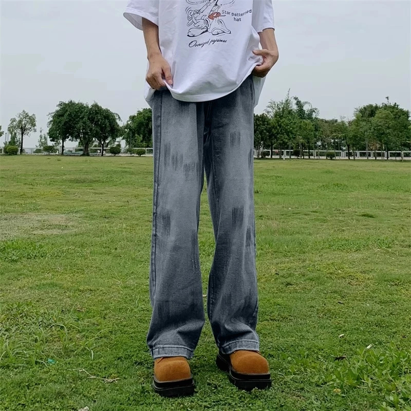 X-gent celana gombrong jeans biru S-5XL pria kulot jumbo baggy straight denim selvedge pants cowok