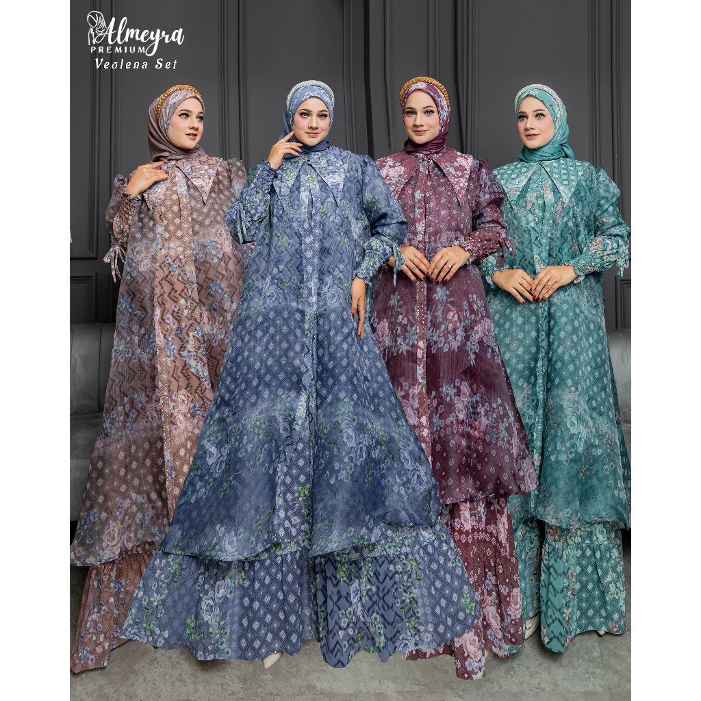 Abaya Set Scraf Outer Khimar Bahan Ceruti Babydol Organza Motif Digital Printing Epson Mewah Premium