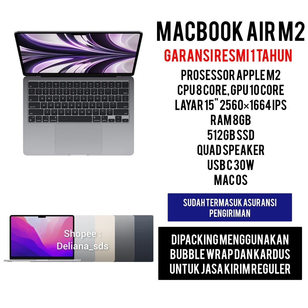 Macbook Air M2 15" 8/512 Garansi Resmi 1 Tahun Macbook Air M2 512GB 15" Macbook Air M2 15 512GB Macb
