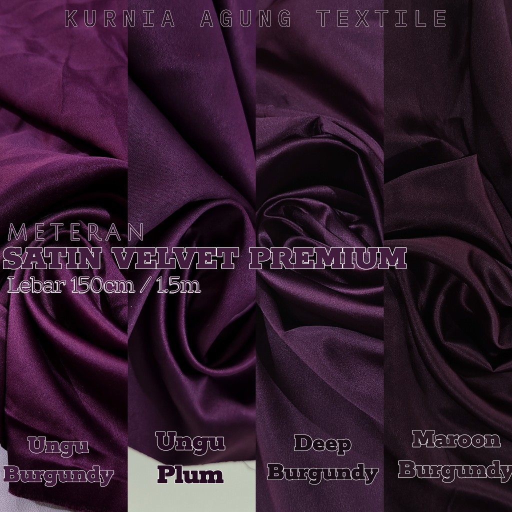 1 Meter Kain Satin Velvet Silk Premium warna BURGUNDY MAROON DEEP UNGU Meteran Dress Hijab Bridesmai
