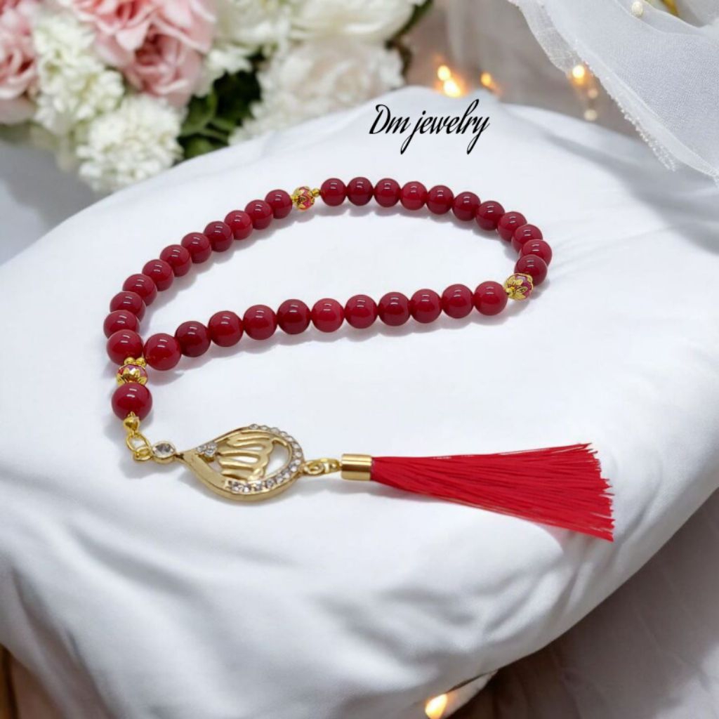 TASBIH BATU GIOK MERAH + LAFADZ ALLAH 10MM 33 BUTIR ORIGINAL