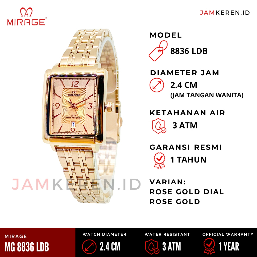 Mirage - Jam Wanita Elegan Mewah - Jam Tangan Mirage Wanita - 8836 LD Original 100% Garansi Resmi