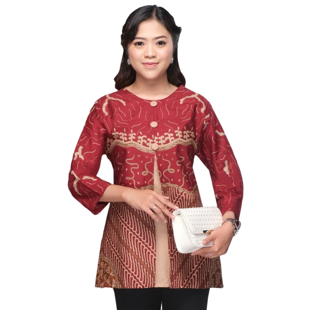 Blouse Atasan Seragam Kemeja Ibu Wanita Batik Jumbo M - 5L 3294 Merah Maroon
