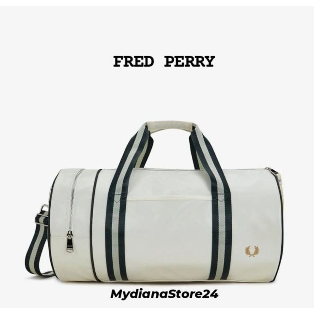 FRED PERRY - FRED PERRY CLASSIC BARREL BAG/DUFFEL BAG GYM - ECRU/NIGHTGREEN