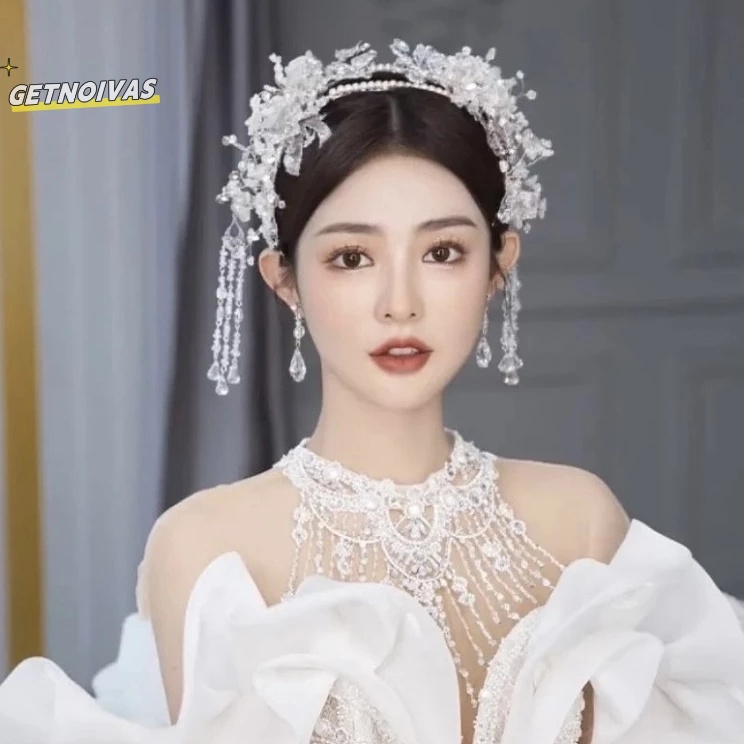 Kekinian GETNOIVAS Tiara pengantin gaya Korea rumbai kristal super peri buatan tangan ikat kepala mu