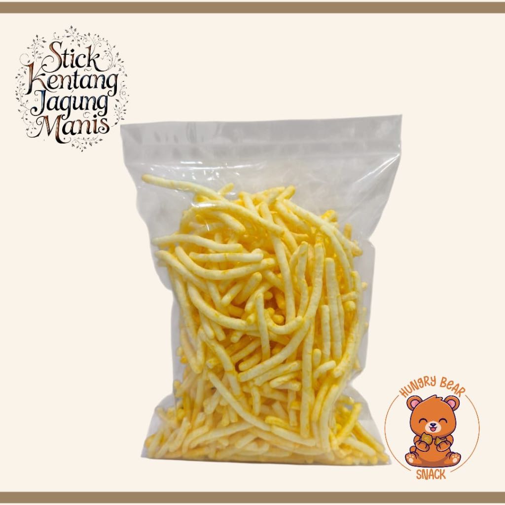 

Stick Kentang 125gr rasa jagung manis, balado - Hungry Bear Snack - enak, renyah, gurih - cemilan, snack, keringan, balado, potato stick, jagung manis, keju